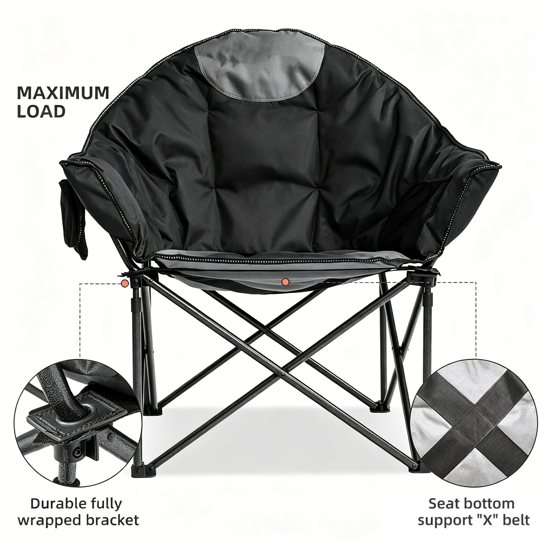 Moon Saucer Camping Chair Oversized Padded Single Chair with Cup Holder and Carry Bag 500 lb