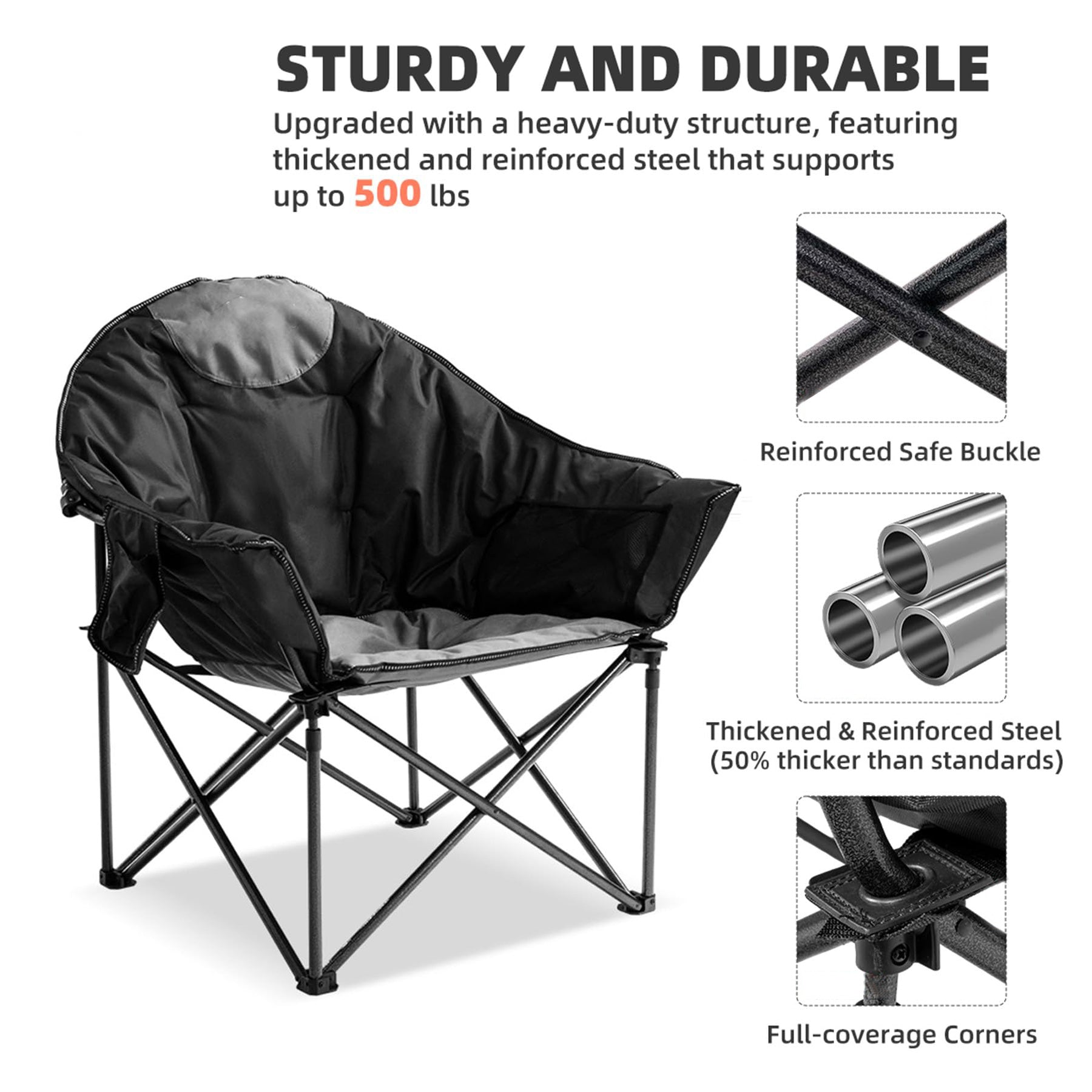 Moon Saucer Camping Chair Oversized Padded Single Chair with Cup Holder and Carry Bag 500 lb