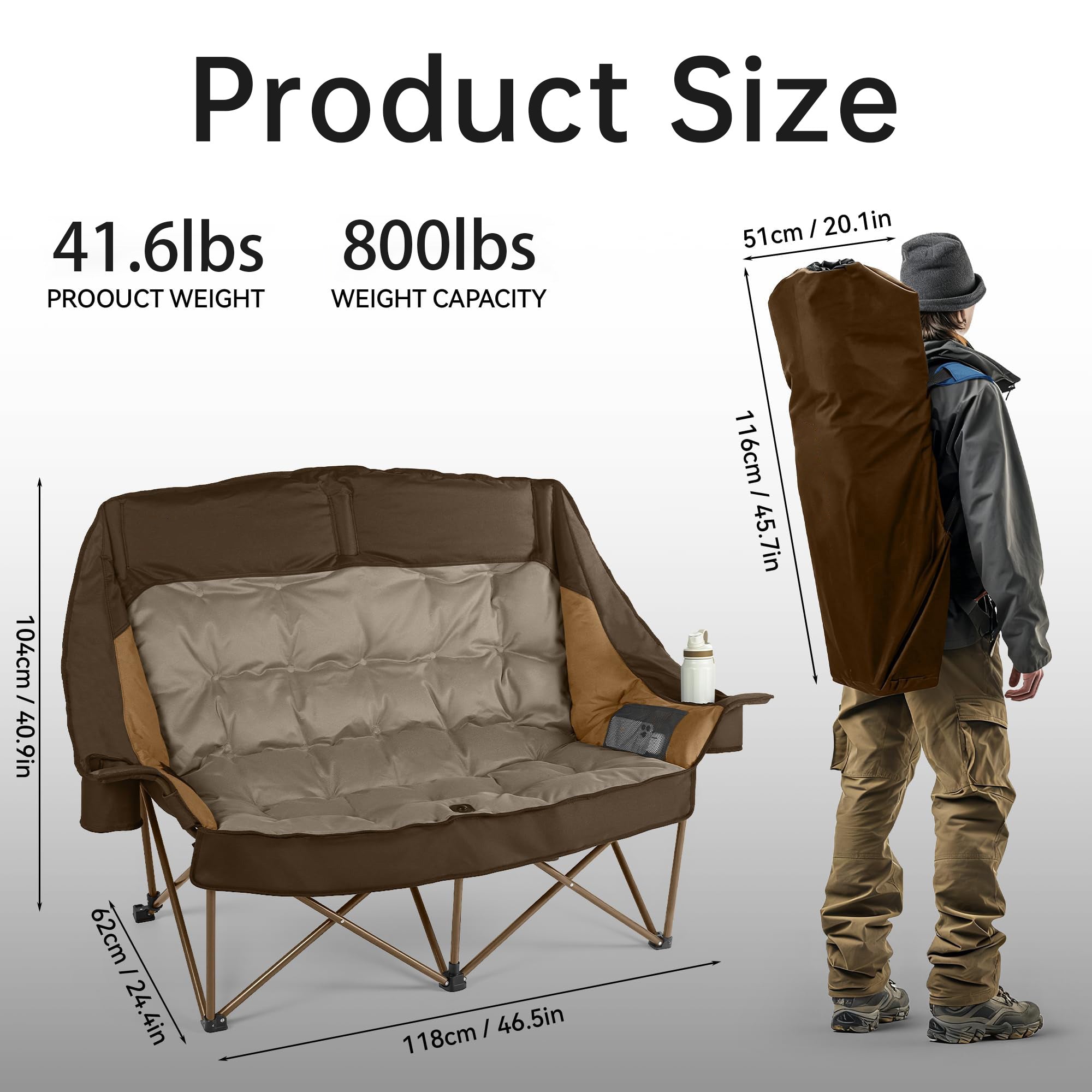 High Back Double Camping Chair Folding Loveseat Low Seat with Cup Holders and Carry Bag 800 lb
