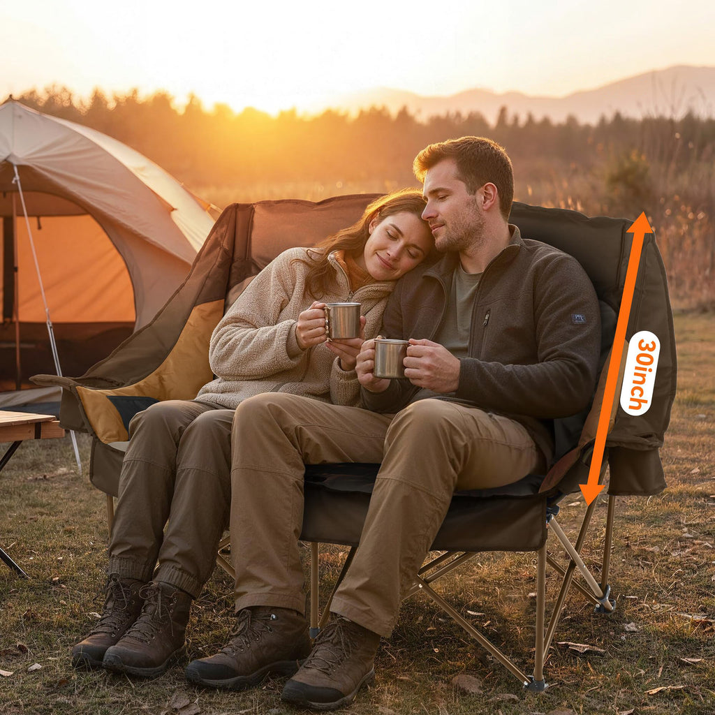 High Back Double Camping Chair Folding Loveseat Low Seat with Cup Holders and Carry Bag 800 lb