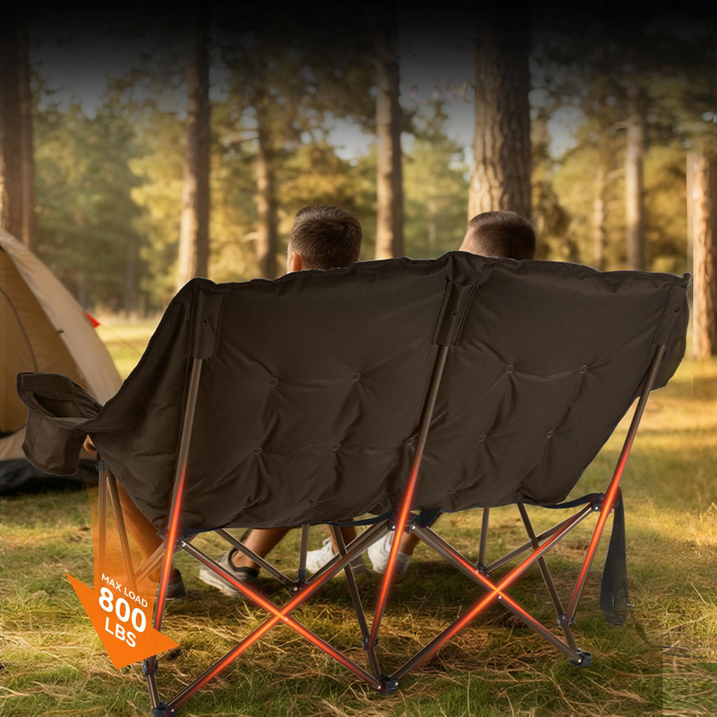 High Back Double Camping Chair Folding Loveseat Low Seat with Cup Holders and Carry Bag 800 lb