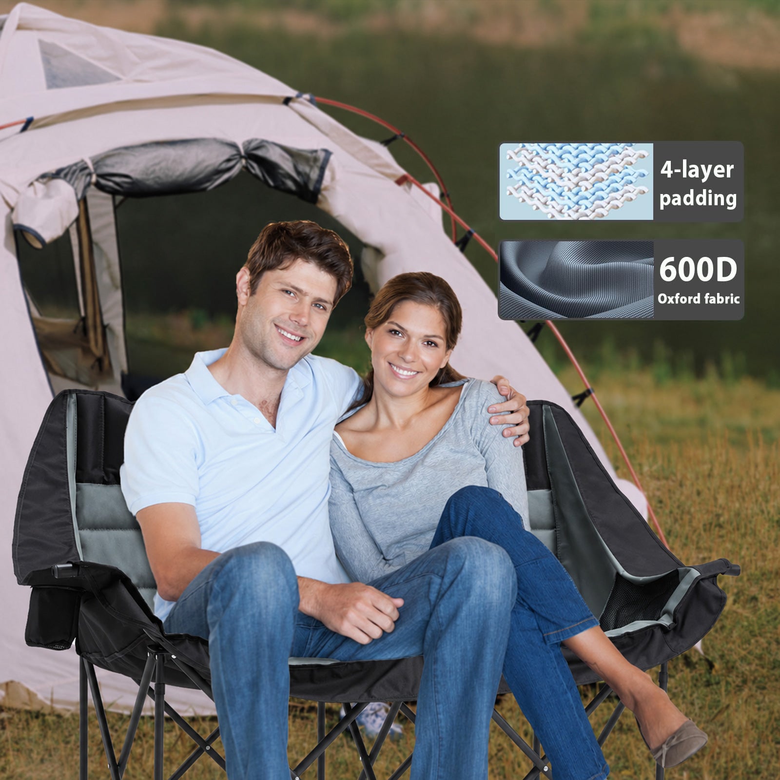 Double Camping Chair Folding Padded Loveseat for Two Adults with Cup Holders and Carry Bag 660 lb