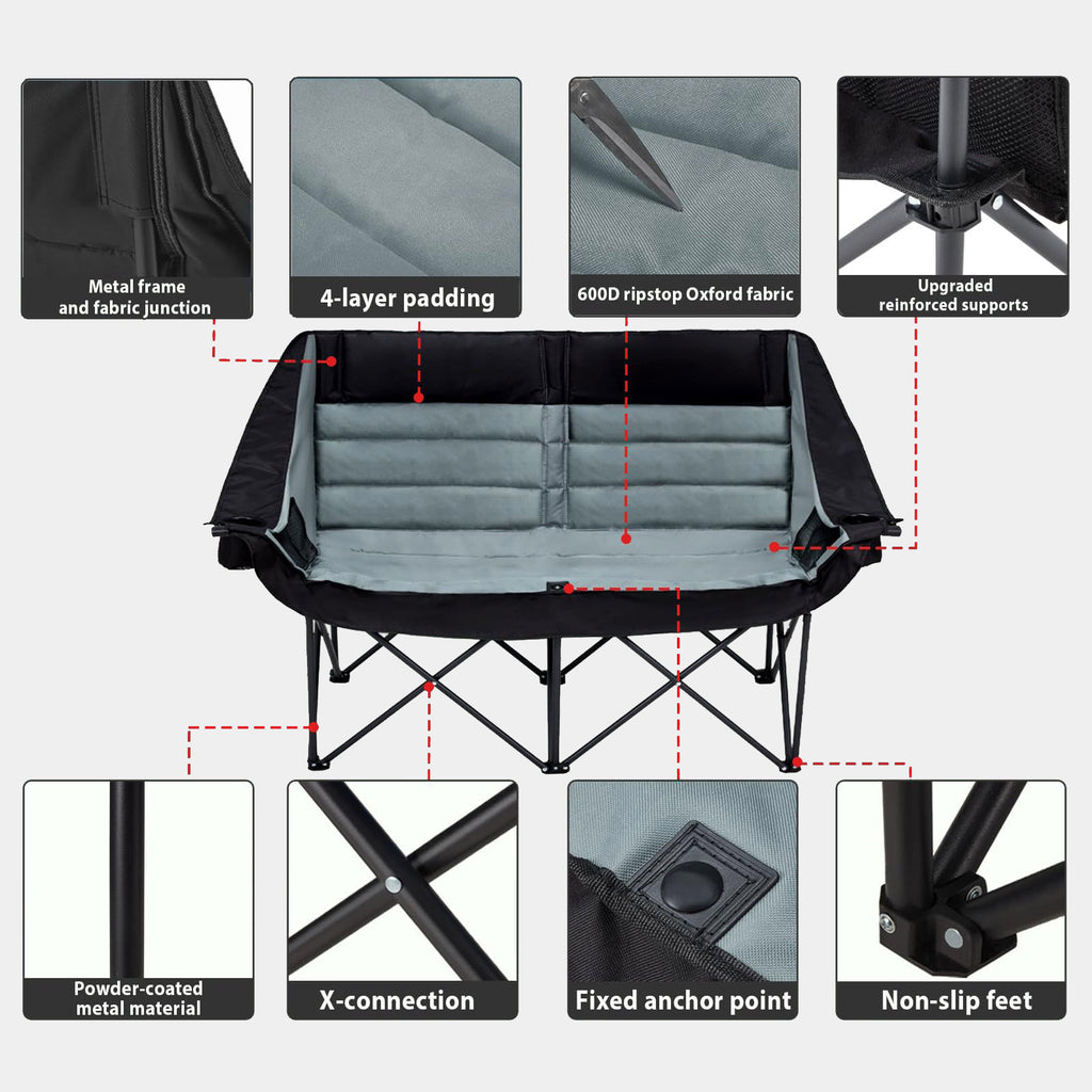 Double Camping Chair Folding Padded Loveseat for Two Adults with Cup Holders and Carry Bag 660 lb