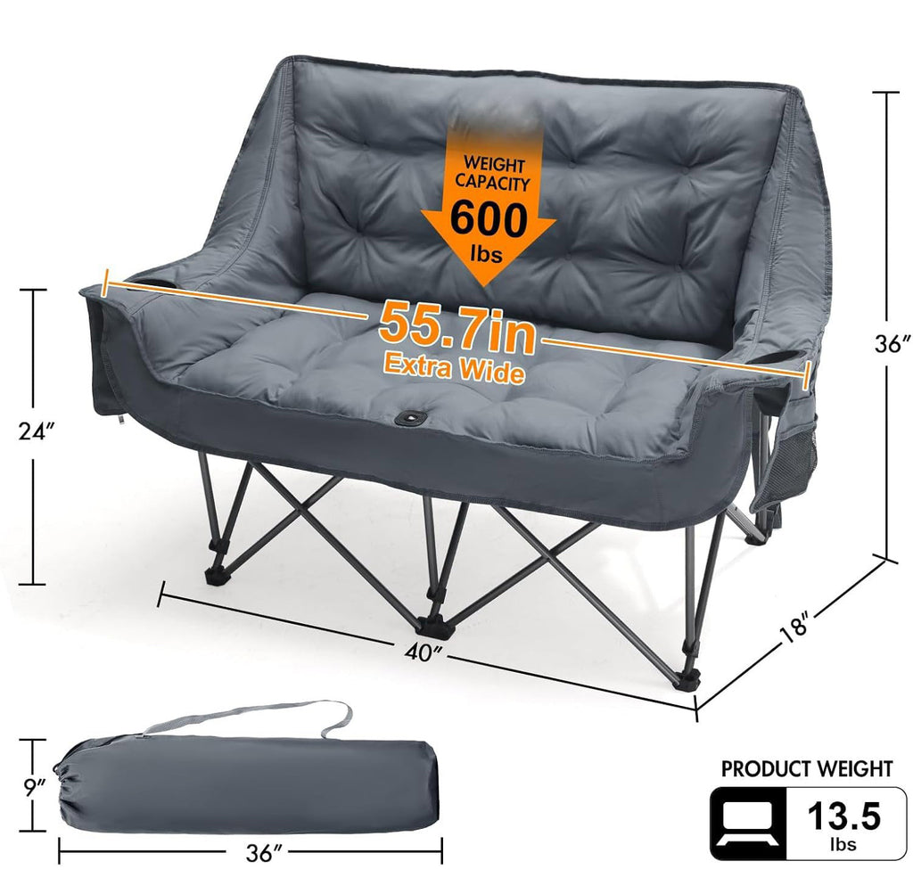 Double Camping Chair Folding Padded Loveseat for Two Adults with Cup Holders and Carry Bag 600 lb