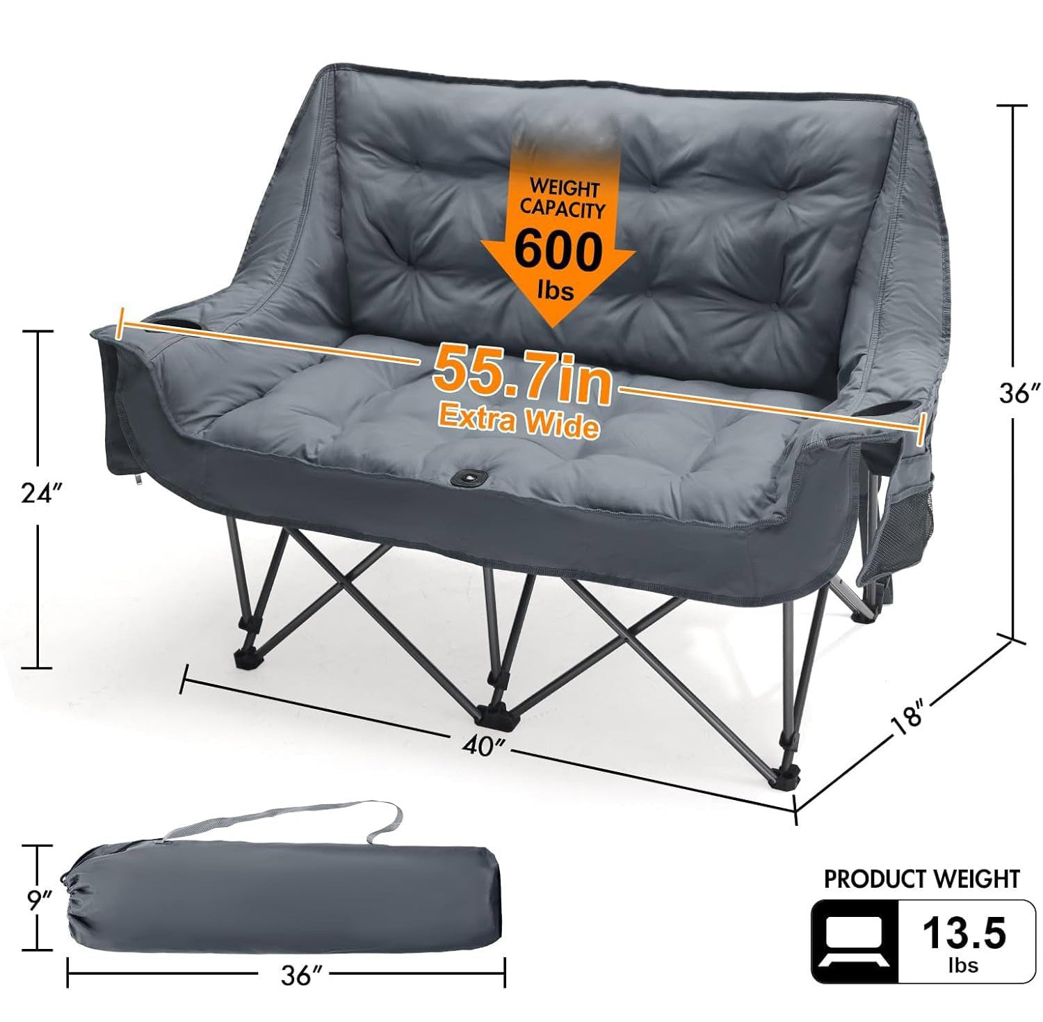 Double Camping Chair Folding Padded Loveseat for Two Adults with Cup Holders and Carry Bag 600 lb