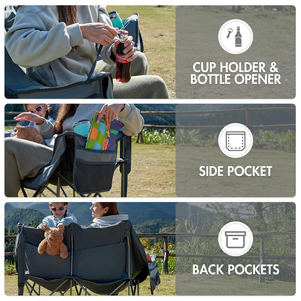 Double Camping Chair Folding Padded Loveseat for Two Adults with Cup Holders and Carry Bag 600 lb