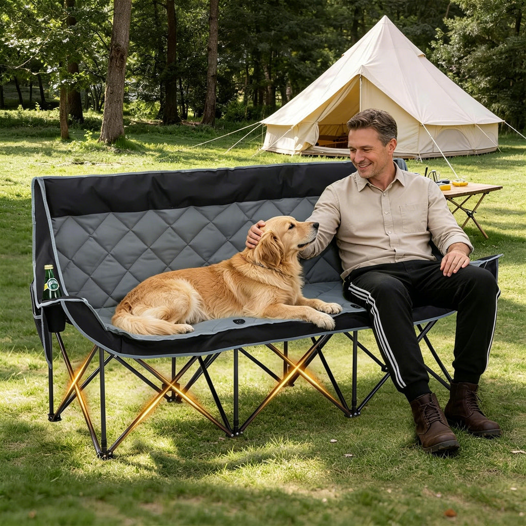 3 Person Camping Chair Folding Padded Loveseat with Cup Holders and Carry Bag 660 lb