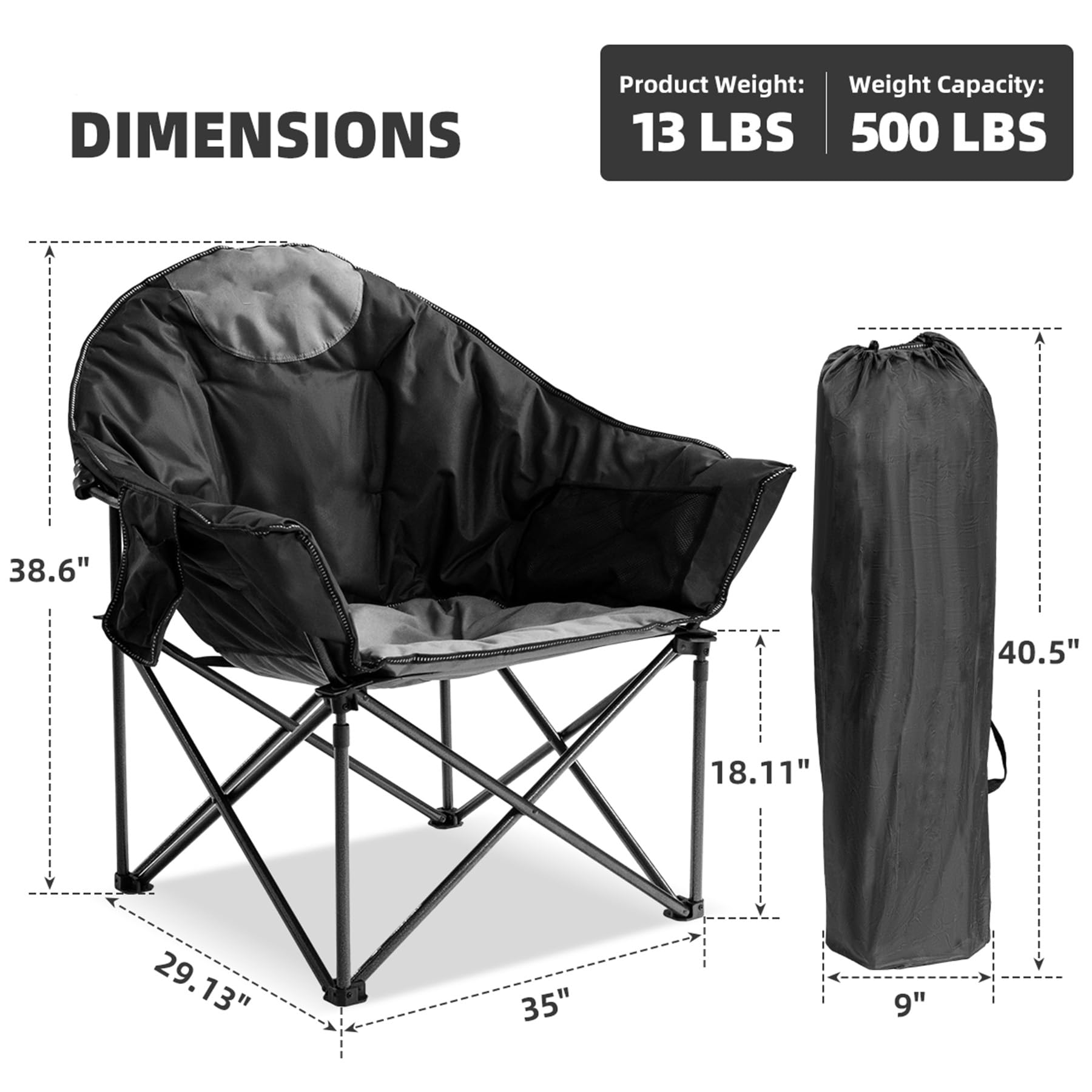 Moon Saucer Camping Chair Oversized Padded Single Chair with Cup Holder and Carry Bag 500 lb