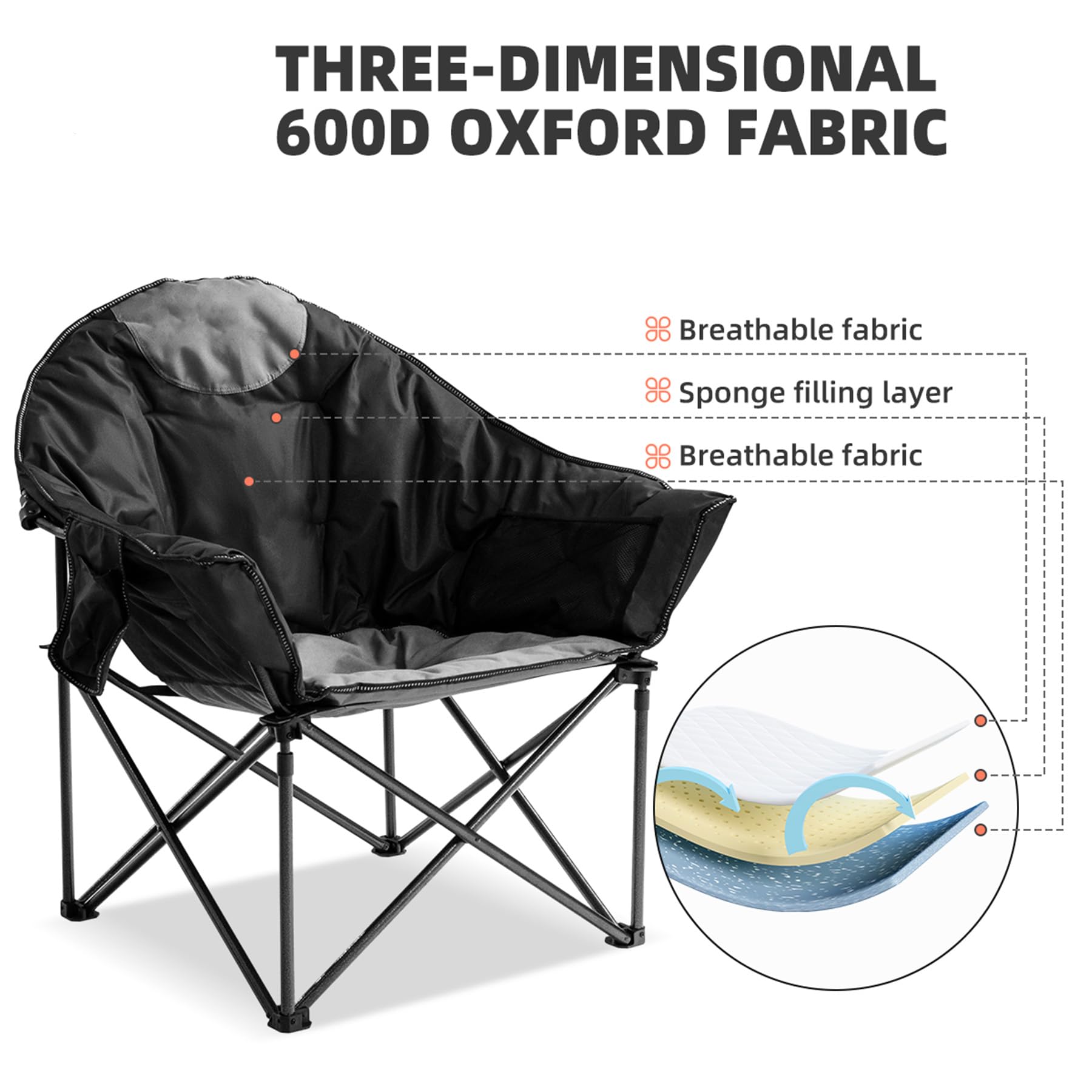 Moon Saucer Camping Chair Oversized Padded Single Chair with Cup Holder and Carry Bag 500 lb