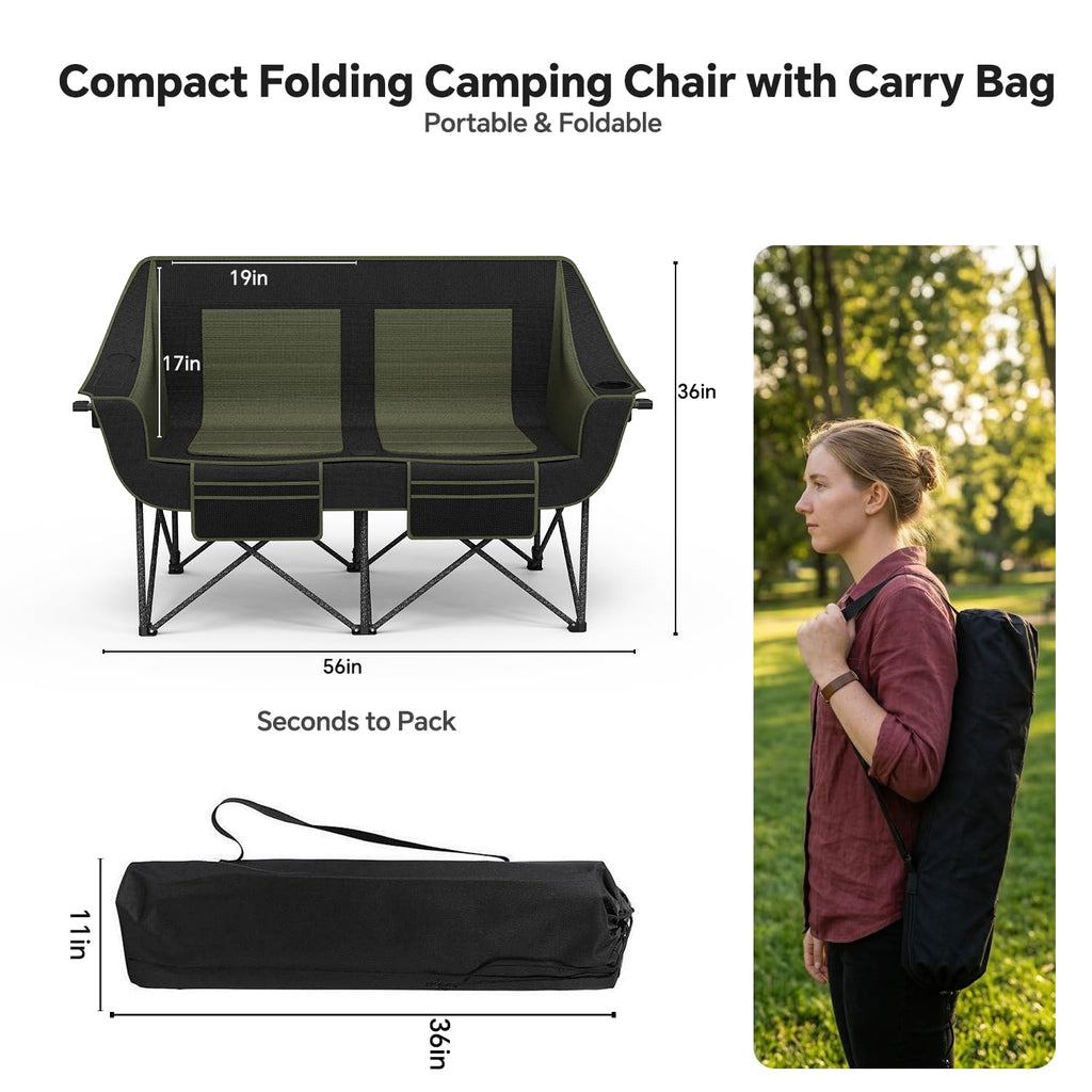 Double Camping Chair Folding Loveseat for Two Adults with Cup Holders and Carry Bag 660 lb