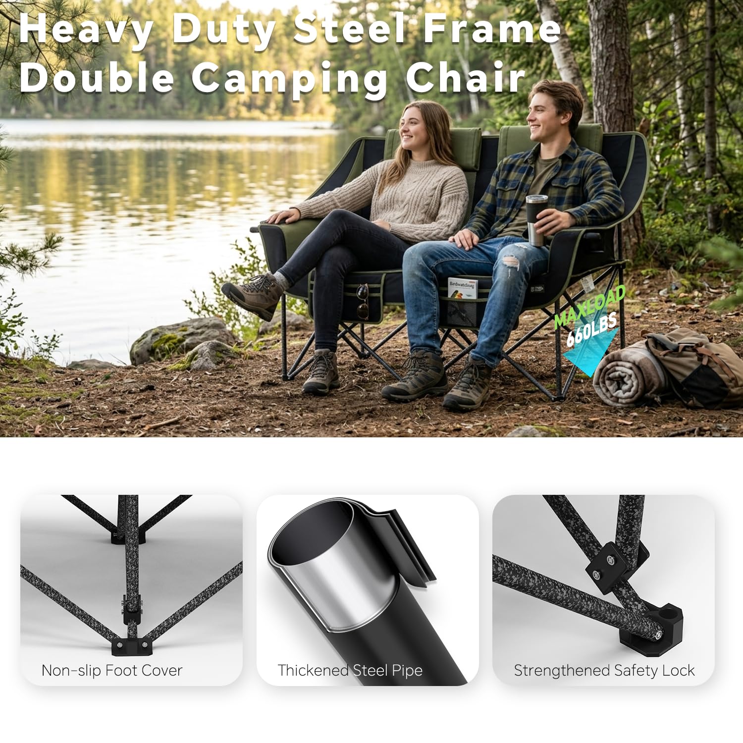 Double Camping Chair Folding Loveseat for Two Adults with Cup Holders and Carry Bag 660 lb