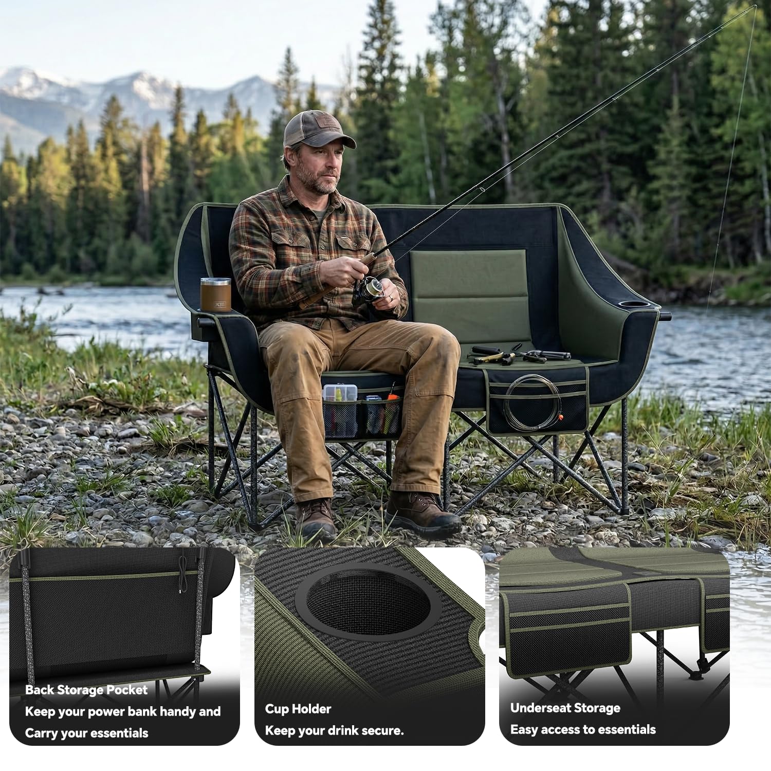 Double Camping Chair Folding Loveseat for Two Adults with Cup Holders and Carry Bag 660 lb