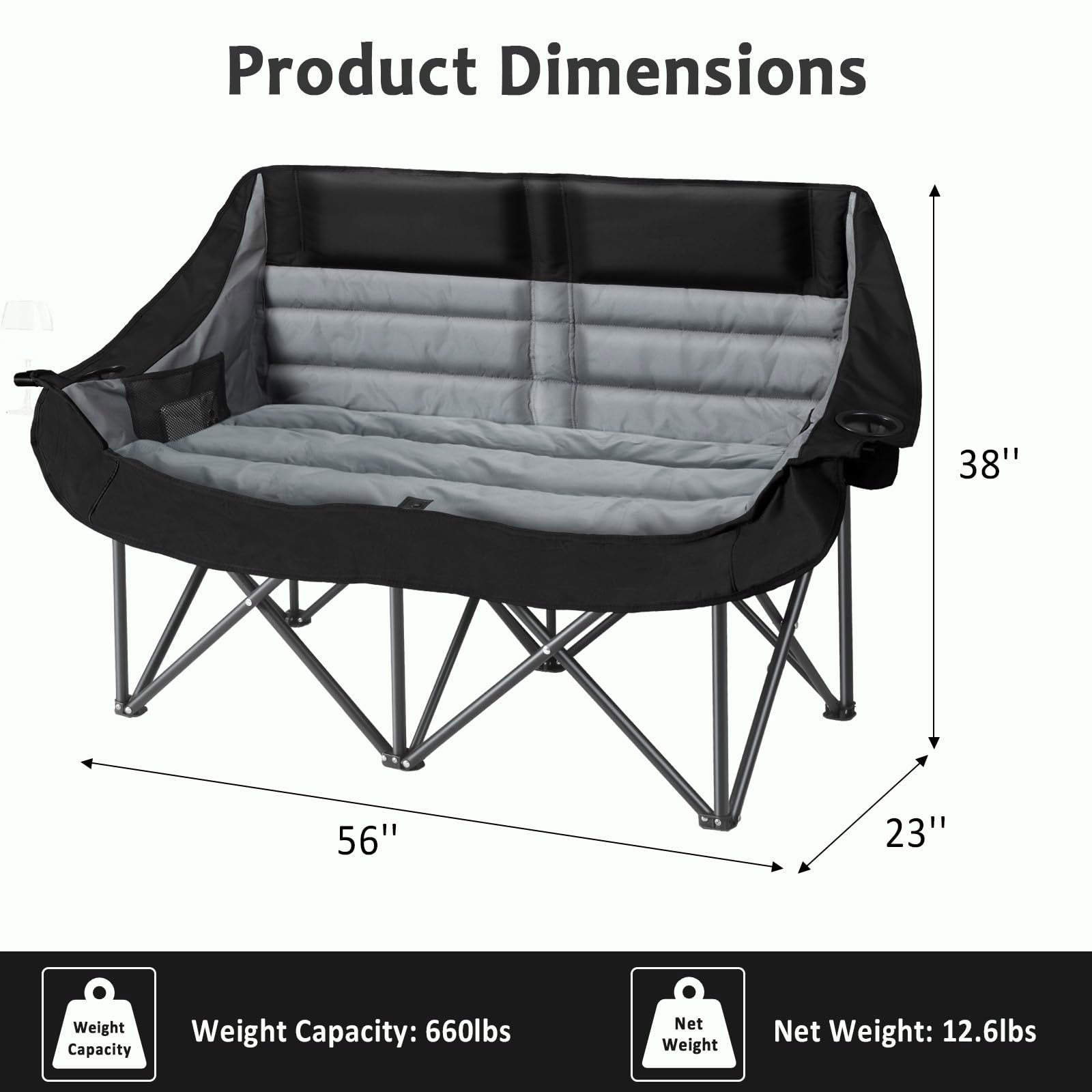 Double Camping Chair Folding Padded Loveseat for Two Adults with Cup Holders and Carry Bag 660 lb