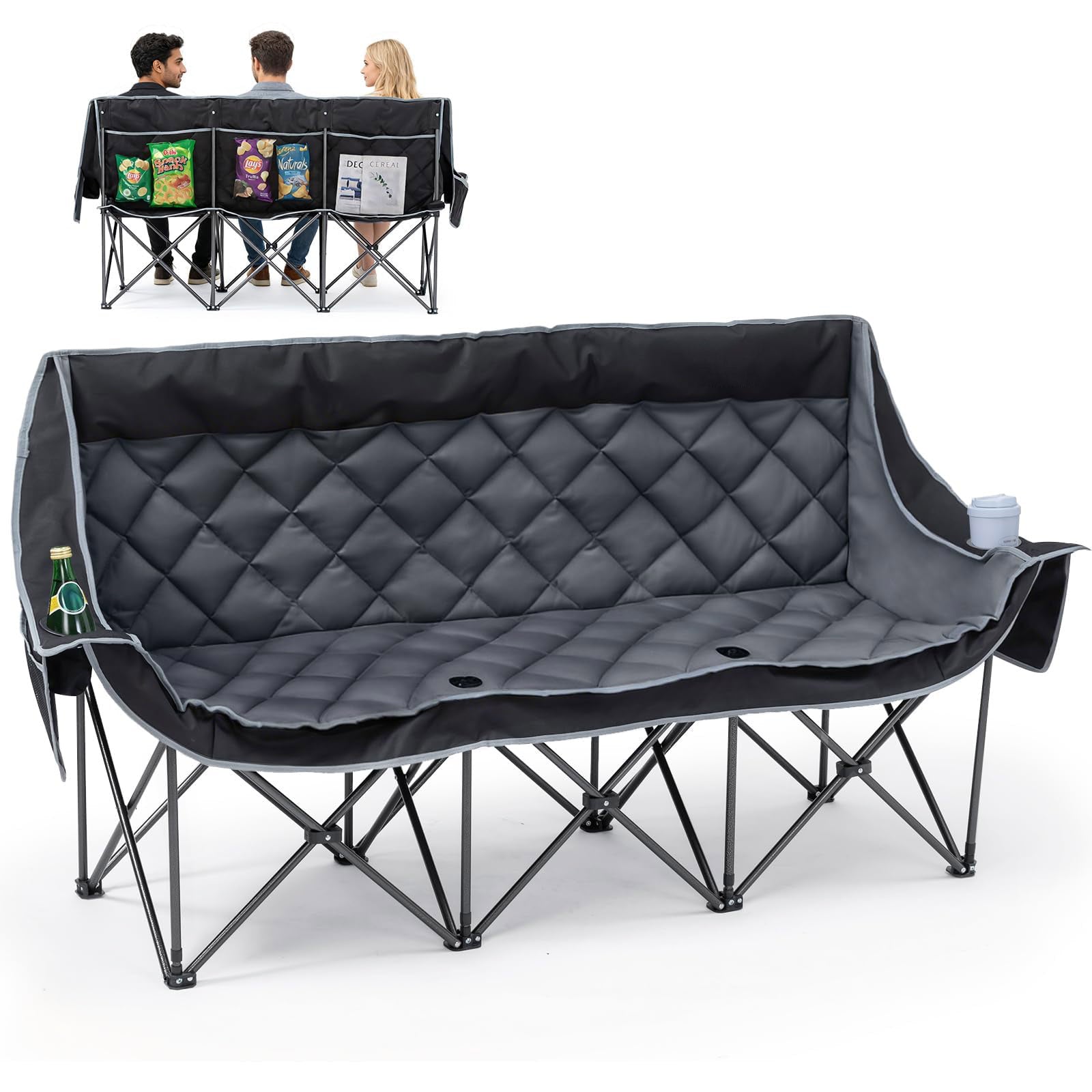 3 Person Camping Chair Folding Padded Loveseat with Cup Holders and Carry Bag 660 lb