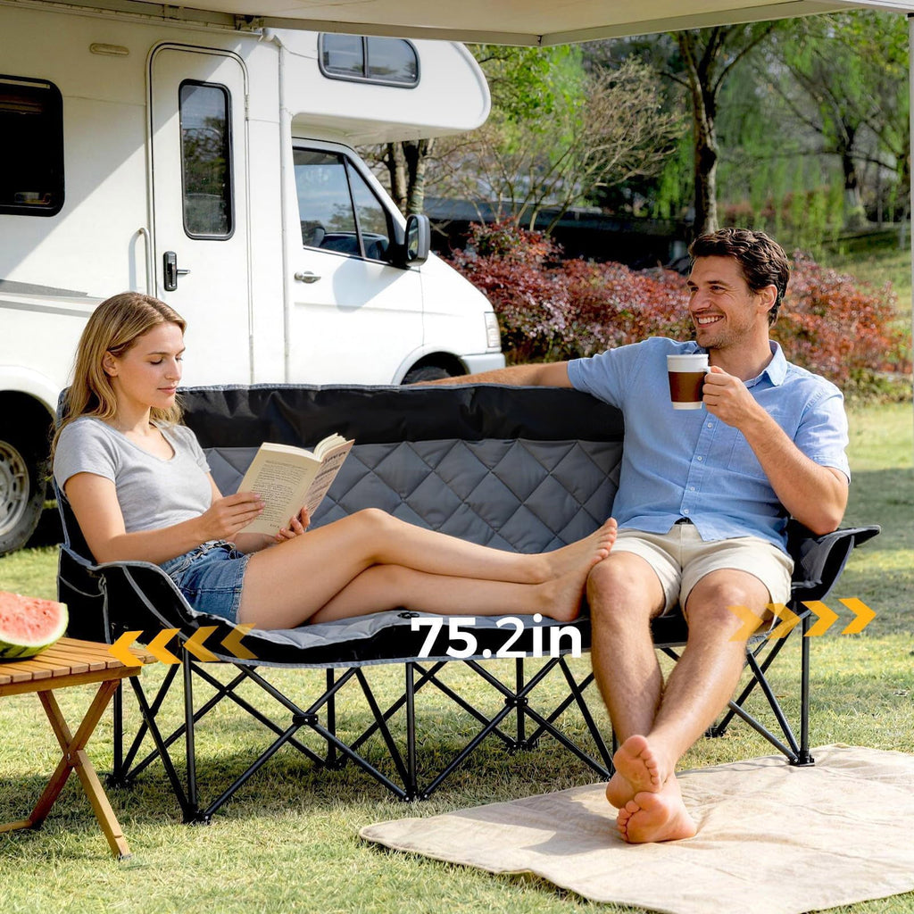 3 Person Camping Chair Folding Padded Loveseat with Cup Holders and Carry Bag 660 lb