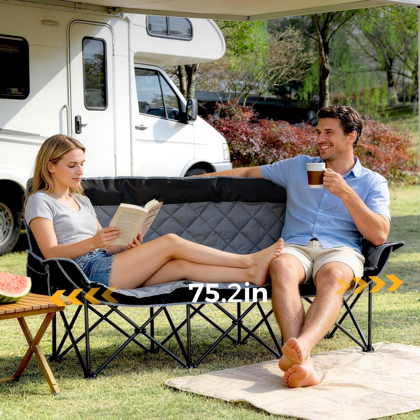 3 Person Camping Chair Folding Padded Loveseat with Cup Holders and Carry Bag 660 lb