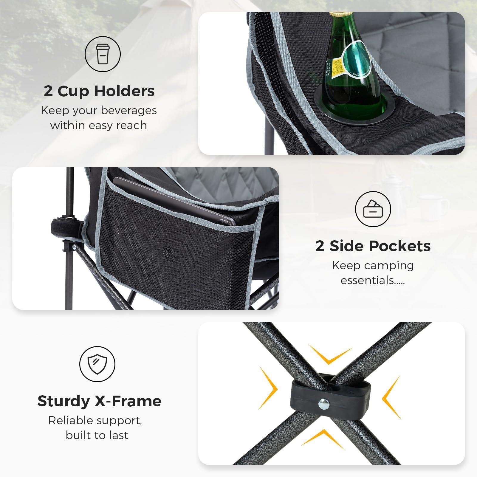 3 Person Camping Chair Folding Padded Loveseat with Cup Holders and Carry Bag 660 lb