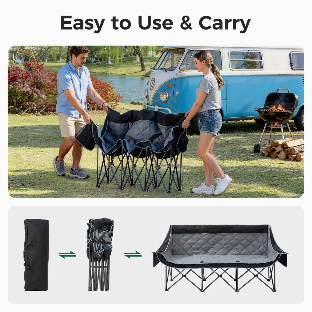 3 Person Camping Chair Folding Padded Loveseat with Cup Holders and Carry Bag 660 lb