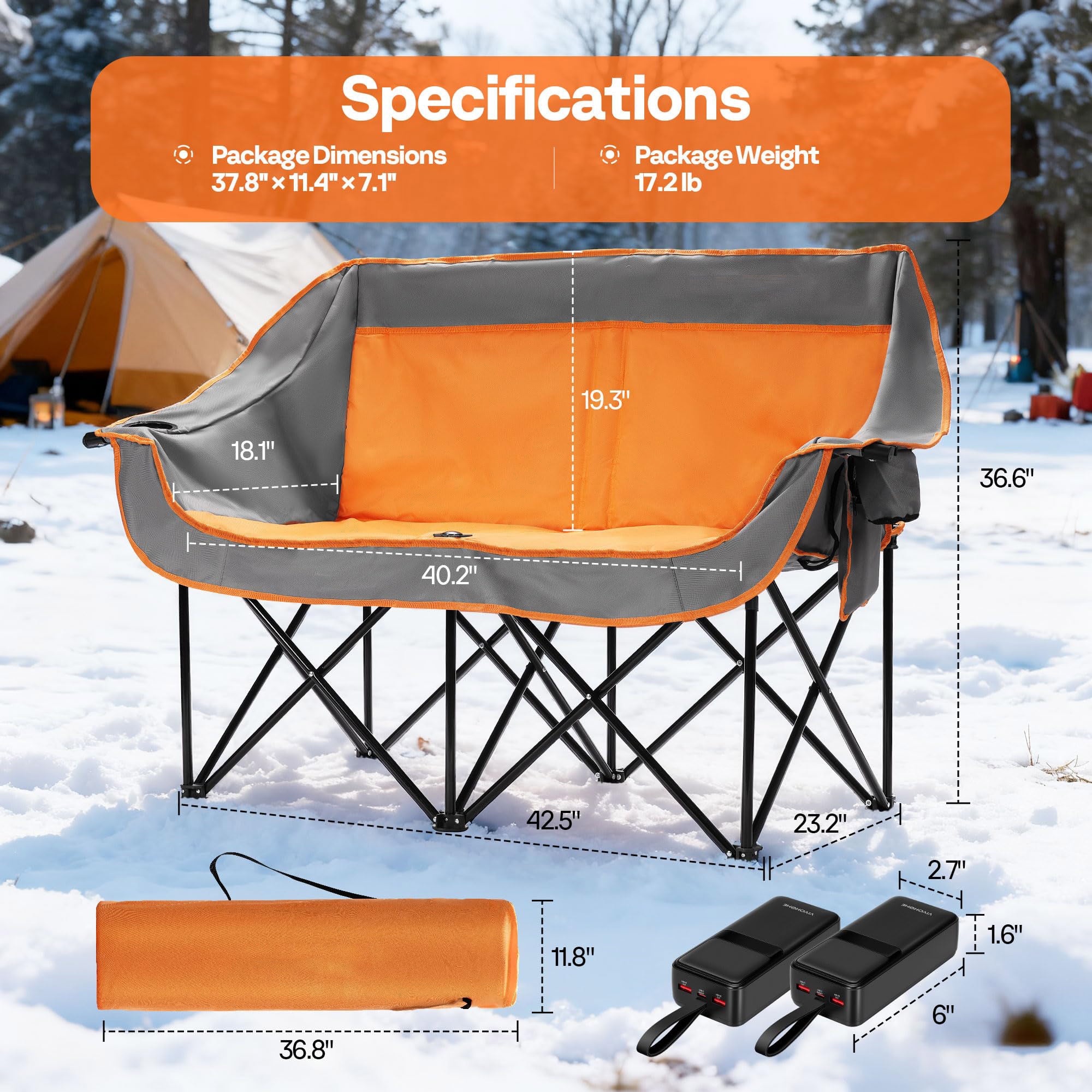 Heated Double Camping Chair Folding Padded Loveseat with Power Banks 500 lb Capacity