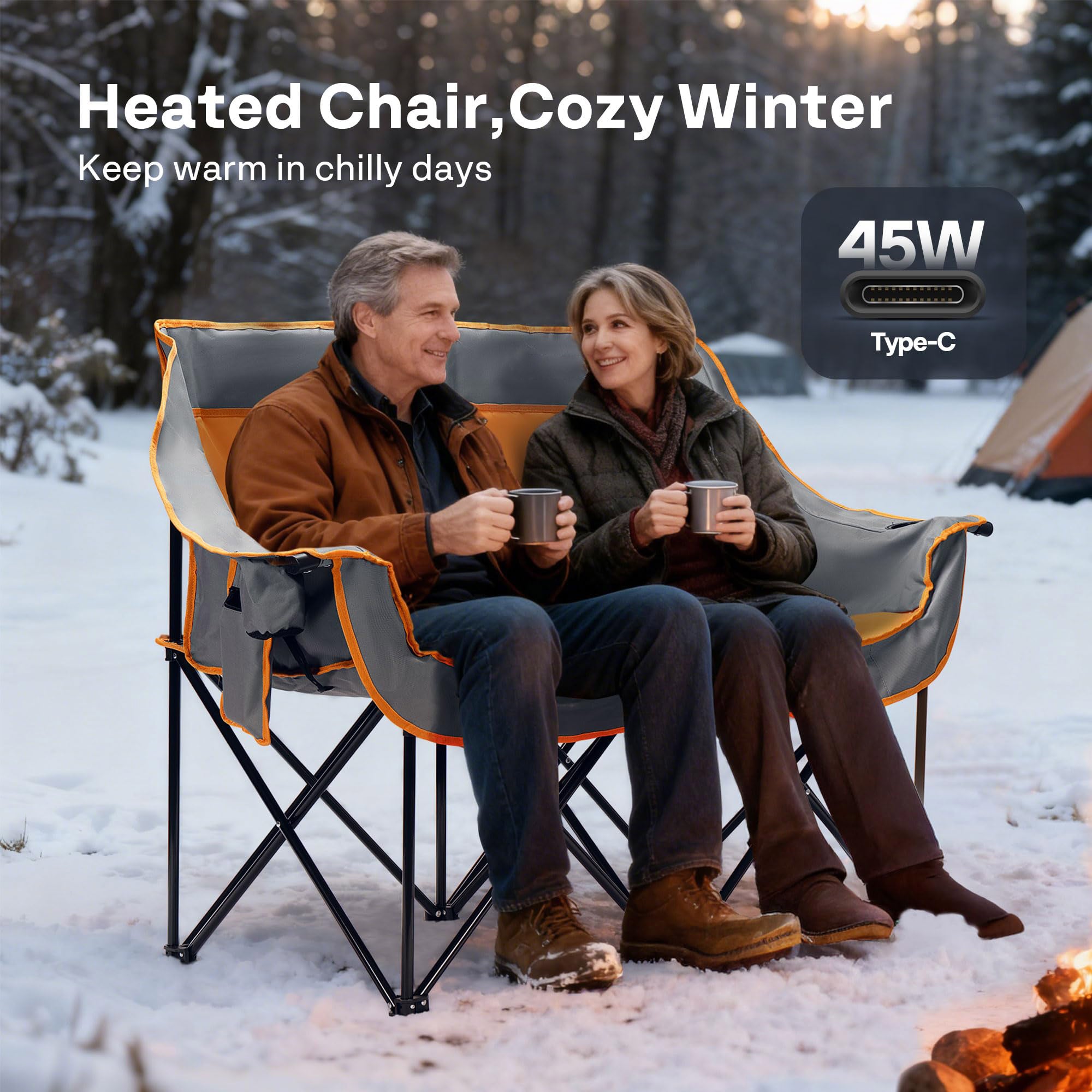 Heated Double Camping Chair Folding Padded Loveseat with Power Banks 500 lb Capacity