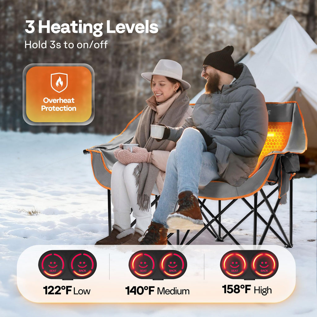 Heated Double Camping Chair Folding Padded Loveseat with Power Banks 500 lb Capacity