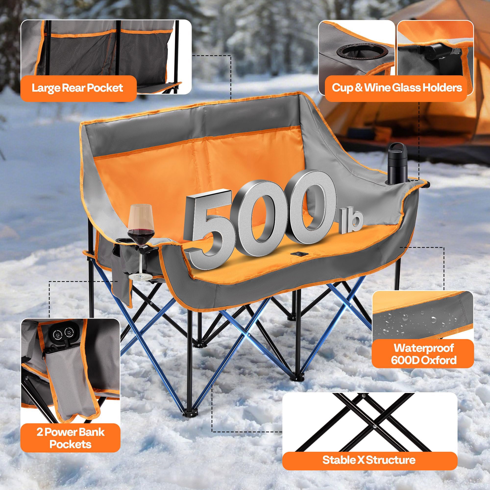 Heated Double Camping Chair Folding Padded Loveseat with Power Banks 500 lb Capacity